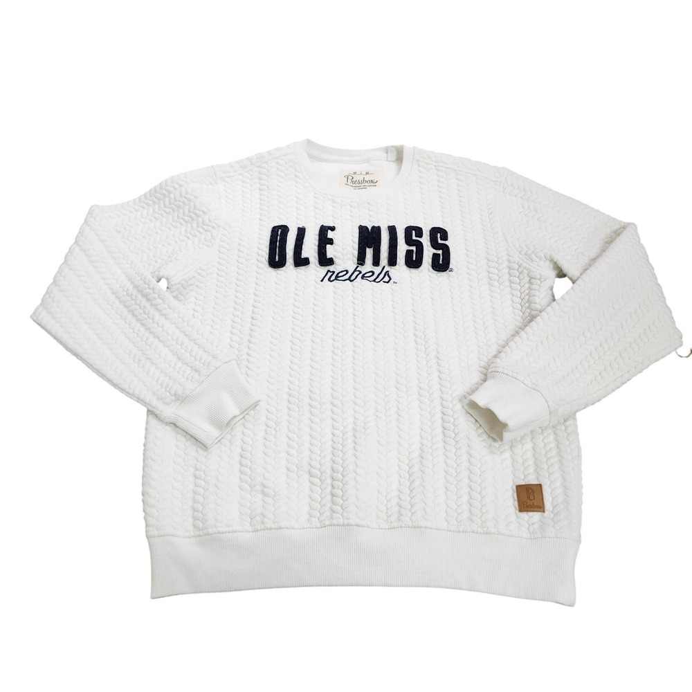 OLE MISS WOMEN M WHITE NCAA QUILTED TEXTURED SWEATSHIRT PRESSBOX EUC